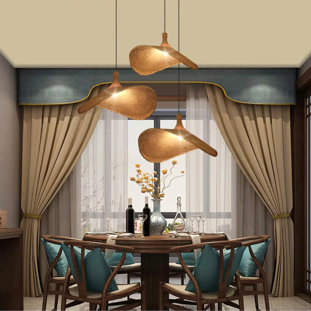 Asian Style Bamboo Ceiling Light: Hat Shape Wood Hanging Fixture For Restaurants / 16