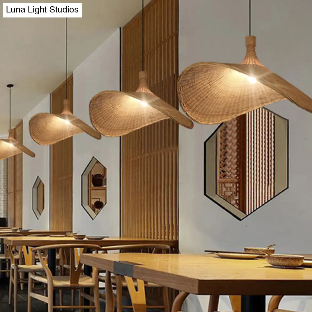 Asian Style Bamboo Ceiling Light: Hat Shape Wood Hanging Fixture For Restaurants