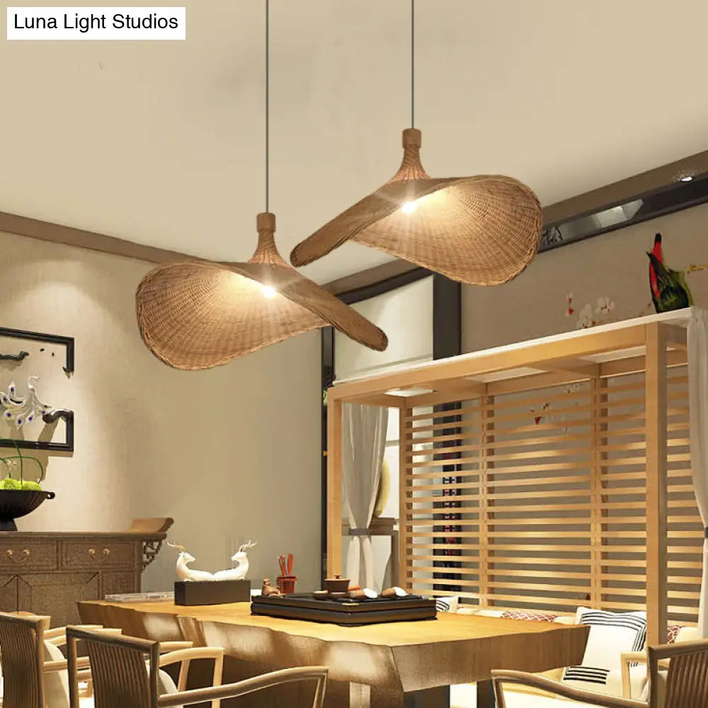 Asian Style Bamboo Ceiling Light: Hat Shape Wood Hanging Fixture For Restaurants