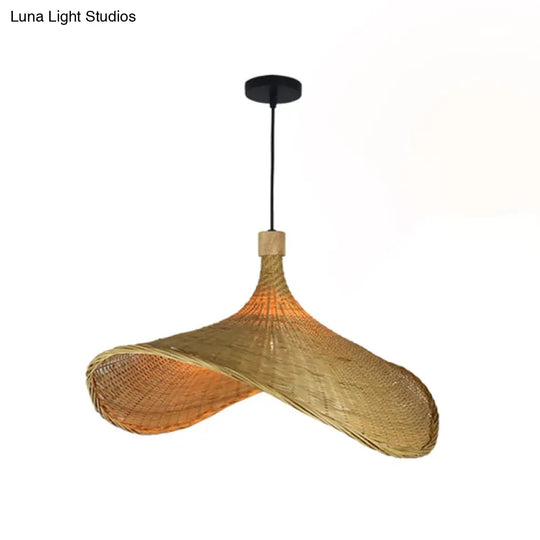 Asian Style Bamboo Ceiling Light: Hat Shape Wood Hanging Fixture For Restaurants