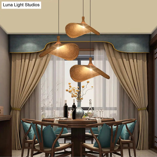 Asian Style Bamboo Ceiling Light: Hat Shape Wood Hanging Fixture For Restaurants