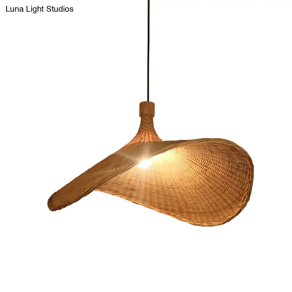 Asian Style Bamboo Ceiling Light: Hat Shape Wood Hanging Fixture For Restaurants