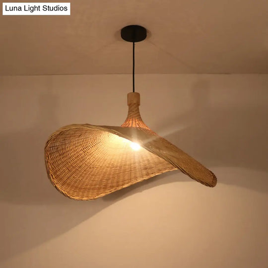 Asian Style Bamboo Ceiling Light: Hat Shape Wood Hanging Fixture For Restaurants