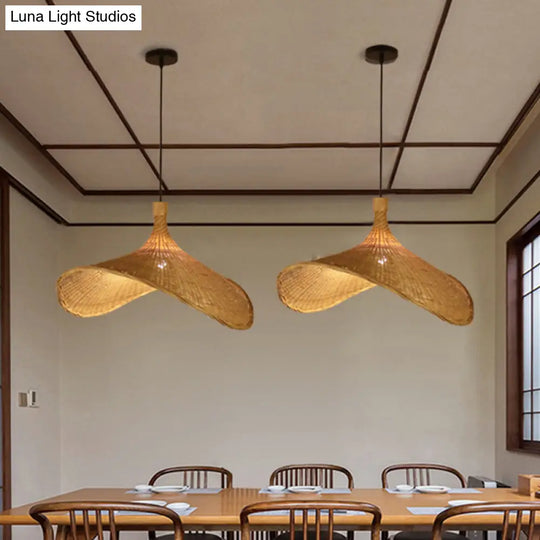 Asian Style Bamboo Ceiling Light: Hat Shape Wood Hanging Fixture For Restaurants