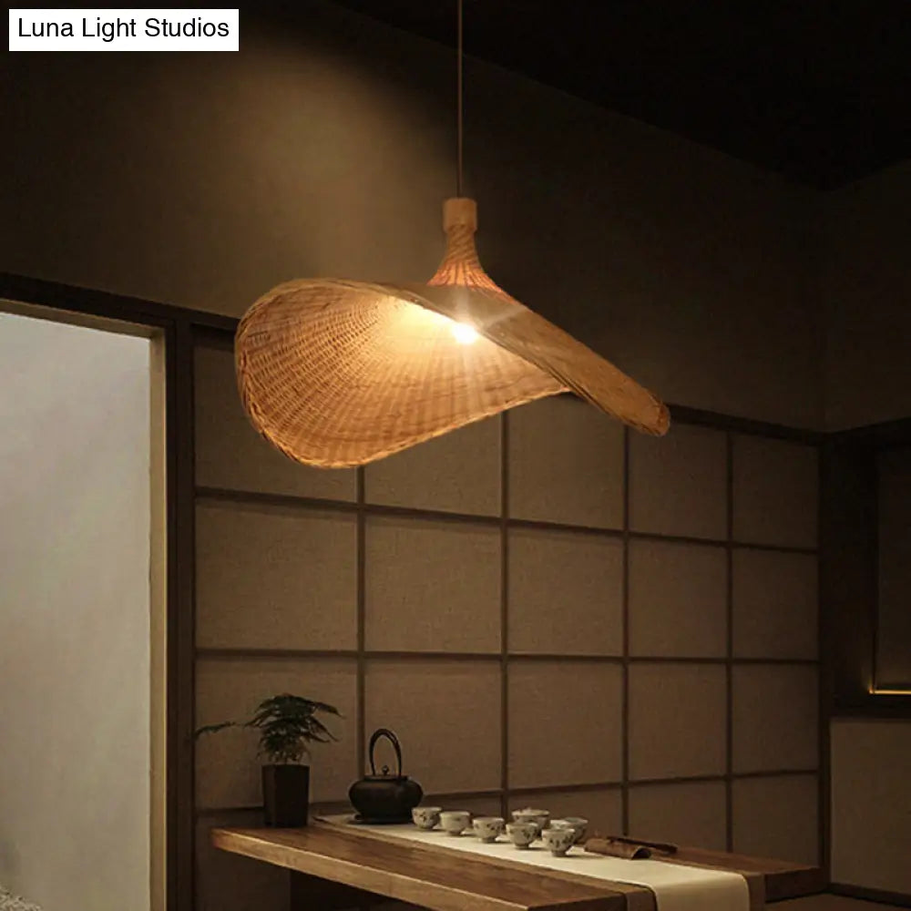 Asian Style Bamboo Ceiling Light: Hat Shape Wood Hanging Fixture For Restaurants