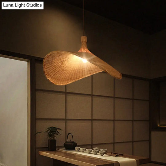 Asian Style Bamboo Ceiling Light: Hat Shape Wood Hanging Fixture For Restaurants