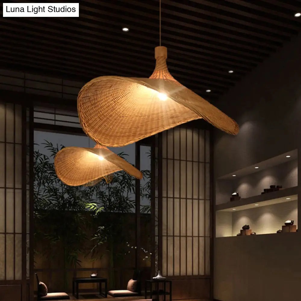 Asian Style Bamboo Ceiling Light: Hat Shape Wood Hanging Fixture For Restaurants