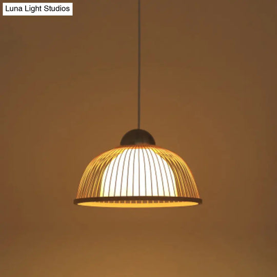 Asian Style Bamboo Ceiling Light: Hemispherical 1 Bulb Wood Hanging Lamp For Restaurants