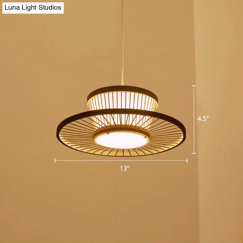 Asian Style Bamboo Circle Ceiling Light: Wooden Hanging Lamp For Tea Room With 1 Bulb