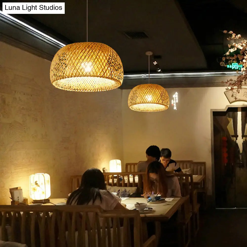 Asian Style Bamboo Dome Shade Ceiling Light - Wood Hanging Lamp For Corridor