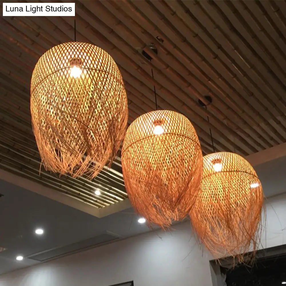 Asian Style Bamboo Fringed Bell Ceiling Light - Wood Hanging Lighting Fixture