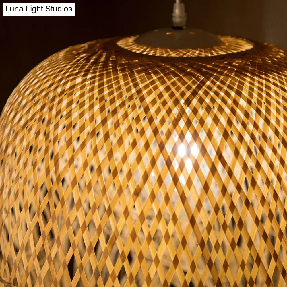 Asian Style Bamboo Fringed Bell Ceiling Light - Wood Hanging Lighting Fixture