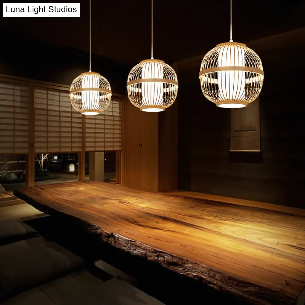 Asian Style Bamboo Lantern Tea Room Ceiling Light Fixture - Wood Hanging With 1-Bulb