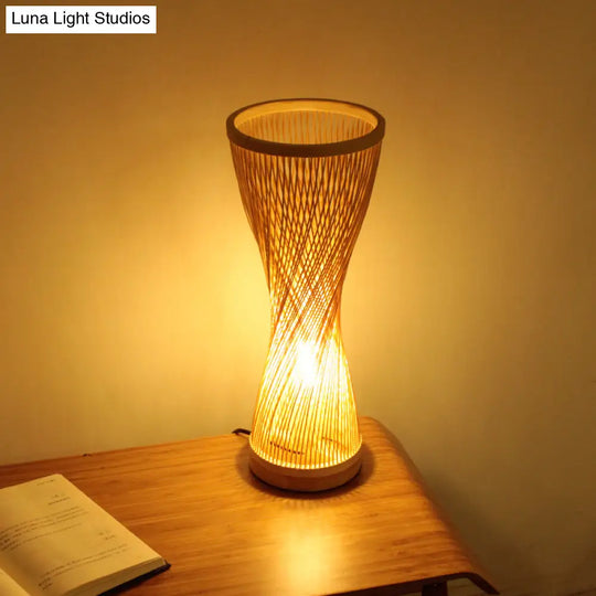 Asian Style Bamboo Nightstand Lamp - Single Head Wood Desk Light For Bedroom