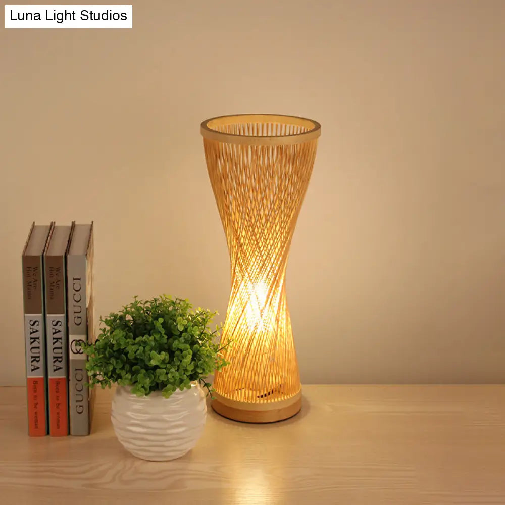 Asian Style Bamboo Nightstand Lamp - Single Head Wood Desk Light For Bedroom