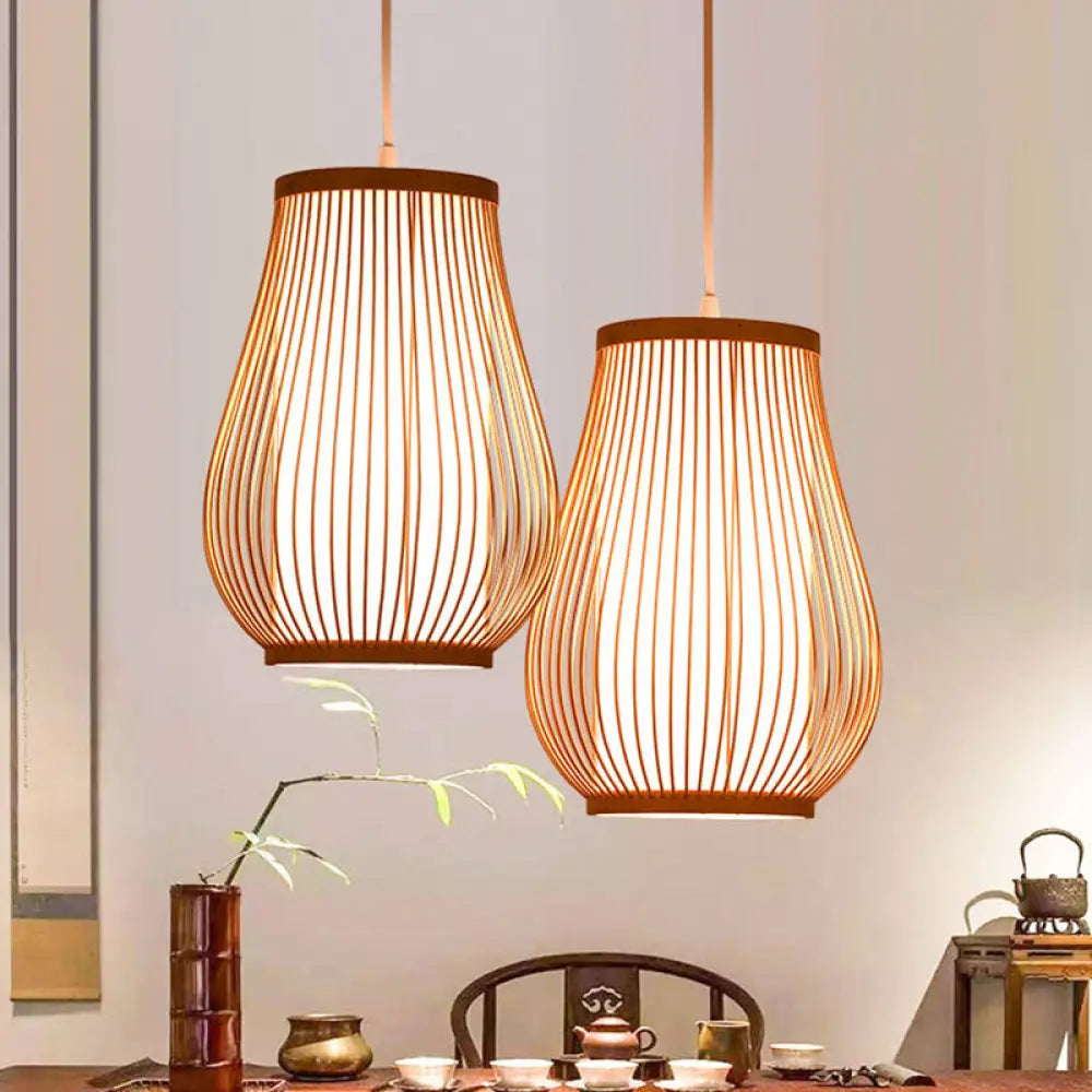 Asian Style Bamboo Pear Ceiling Lighting - 1 Bulb Wood Hanging Light For Restaurants