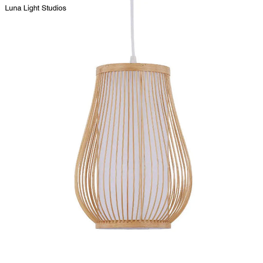 Asian Style Bamboo Pear Ceiling Lighting - 1 Bulb Wood Hanging Light For Restaurants