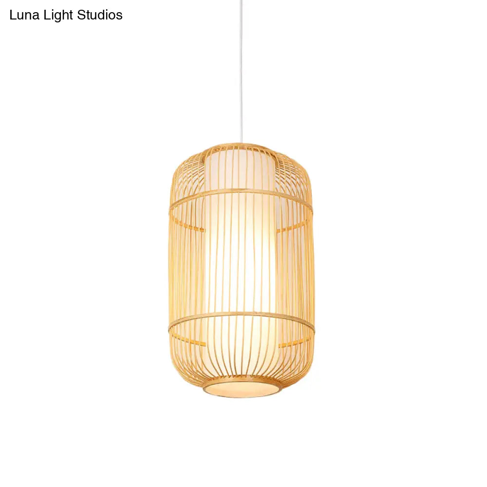 Asian Style Bamboo Pendant With Diamond Drum And Barrel Drops - 1-Light Hanging Light Kit For