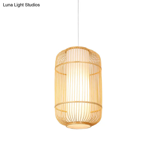 Asian Style Bamboo Pendant With Diamond Drum And Barrel Drops - 1-Light Hanging Light Kit For