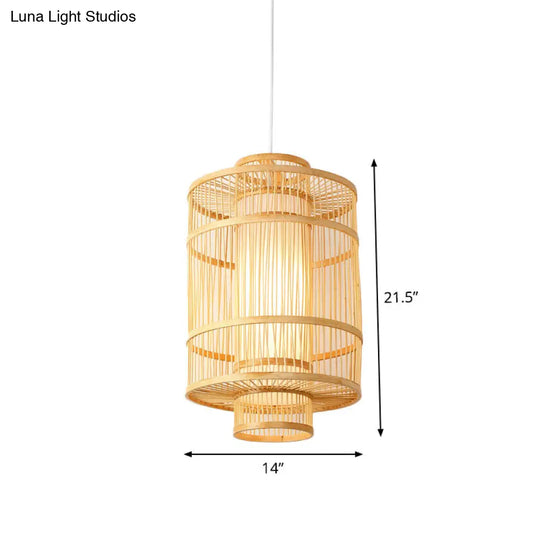 Asian Bamboo Pendant Hanging Light Kit - Diamond/Drum/Barrel Drop Design 1-Light Beige