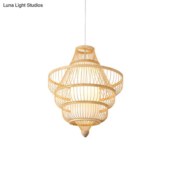 Asian Style Bamboo Pendant With Diamond Drum And Barrel Drops - 1-Light Hanging Light Kit For