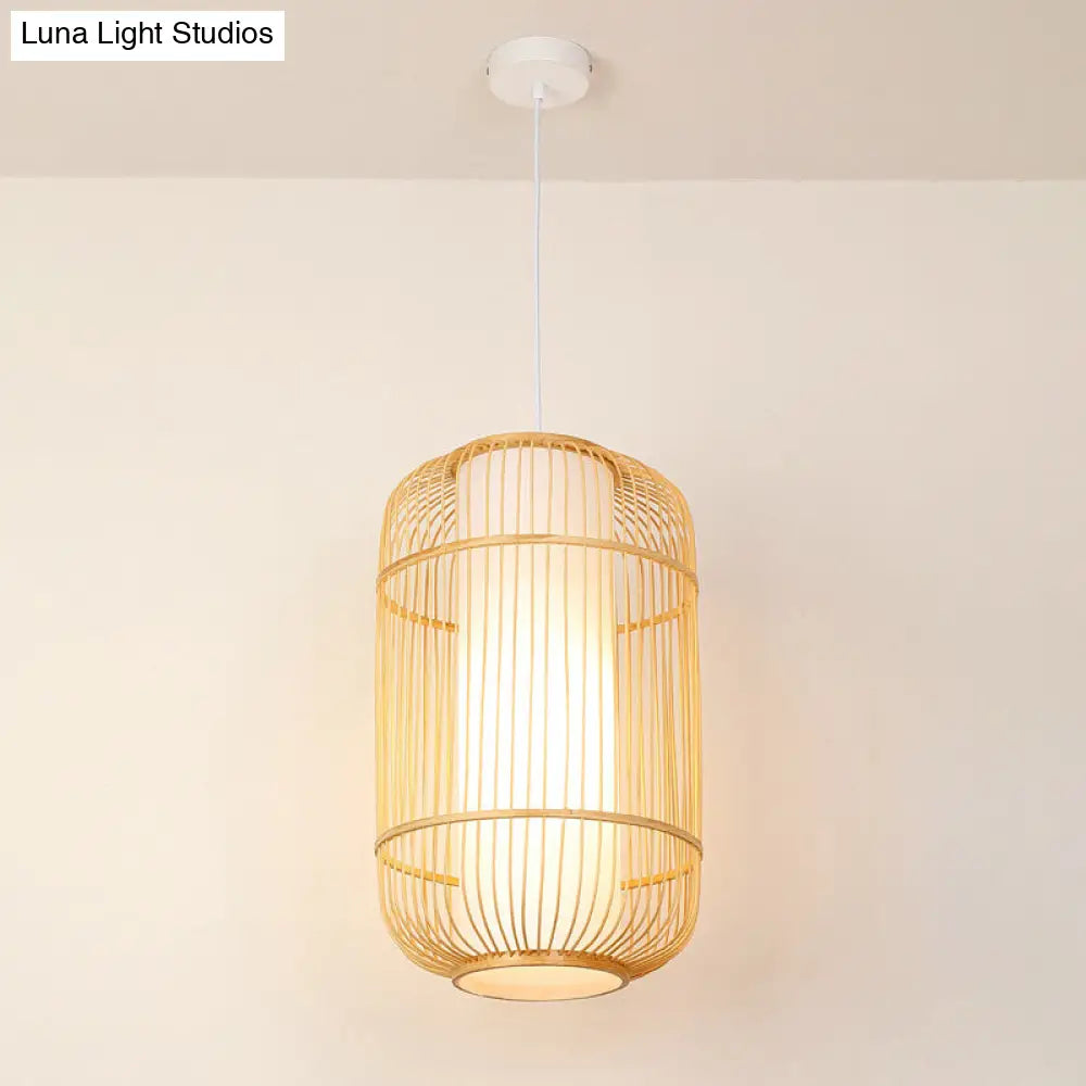 Asian Bamboo Pendant Hanging Light Kit - Diamond/Drum/Barrel Drop Design 1-Light Beige / C