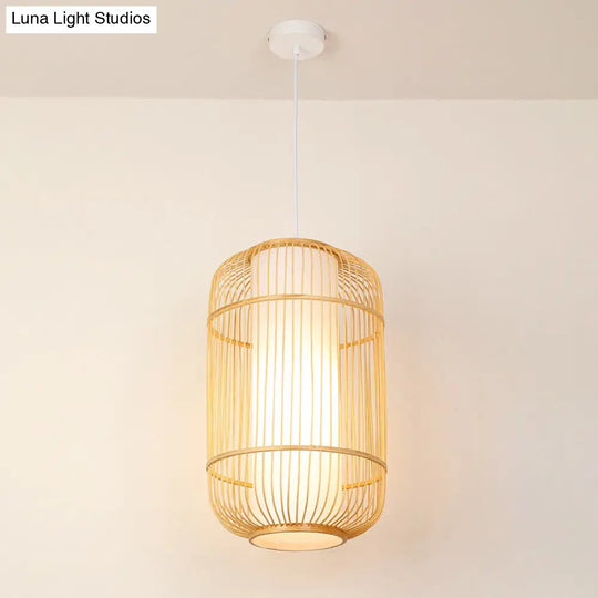 Asian Bamboo Pendant Hanging Light Kit - Diamond/Drum/Barrel Drop Design 1-Light Beige / C