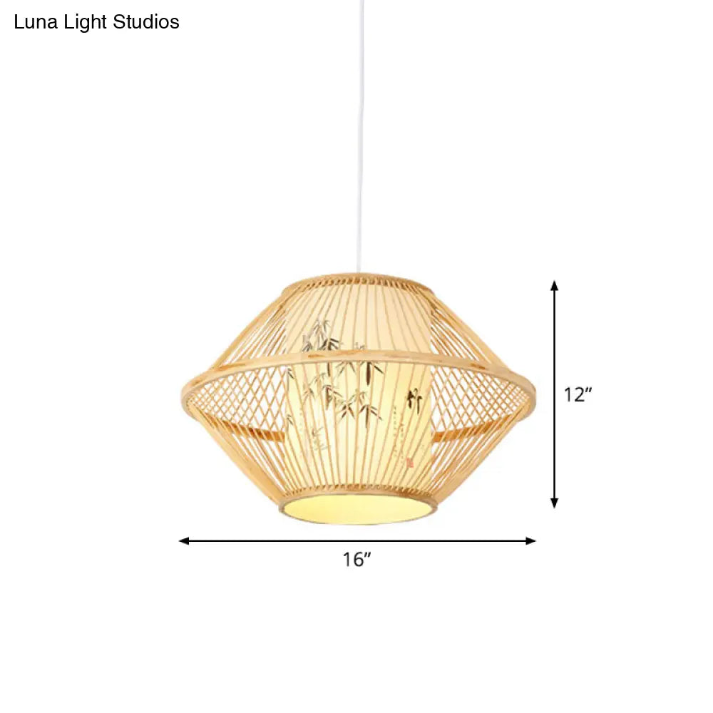 Asian Bamboo Pendant Hanging Light Kit - Diamond/Drum/Barrel Drop Design 1-Light Beige