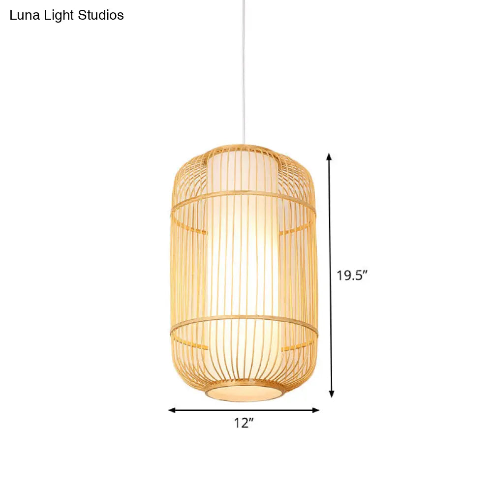 Asian Bamboo Pendant Hanging Light Kit - Diamond/Drum/Barrel Drop Design 1-Light Beige