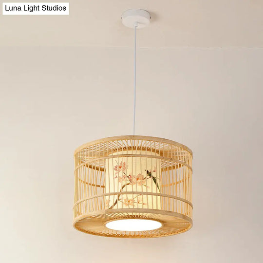 Asian Bamboo Pendant Hanging Light Kit - Diamond/Drum/Barrel Drop Design 1-Light Beige / F