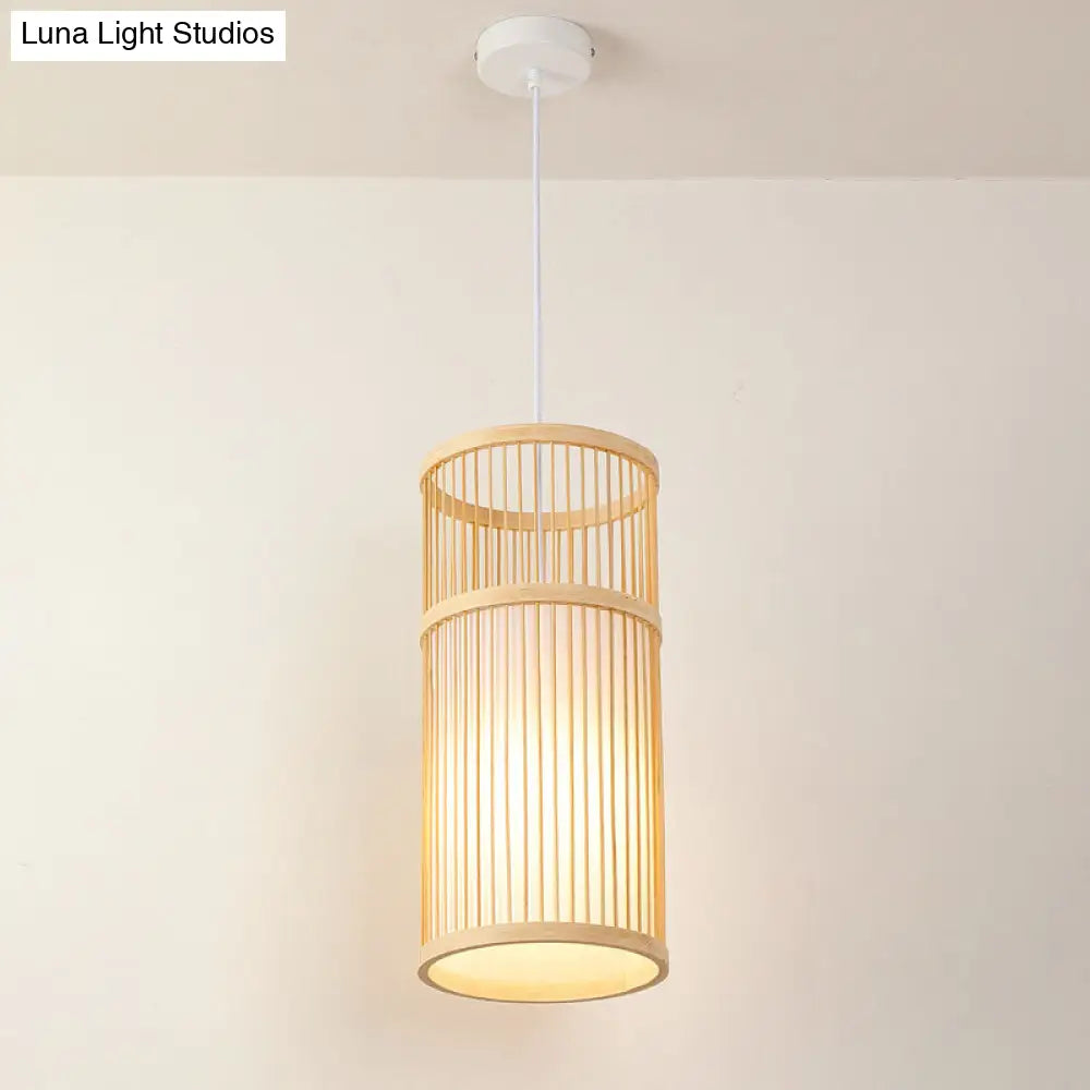 Asian Bamboo Pendant Hanging Light Kit - Diamond/Drum/Barrel Drop Design 1-Light Beige / D