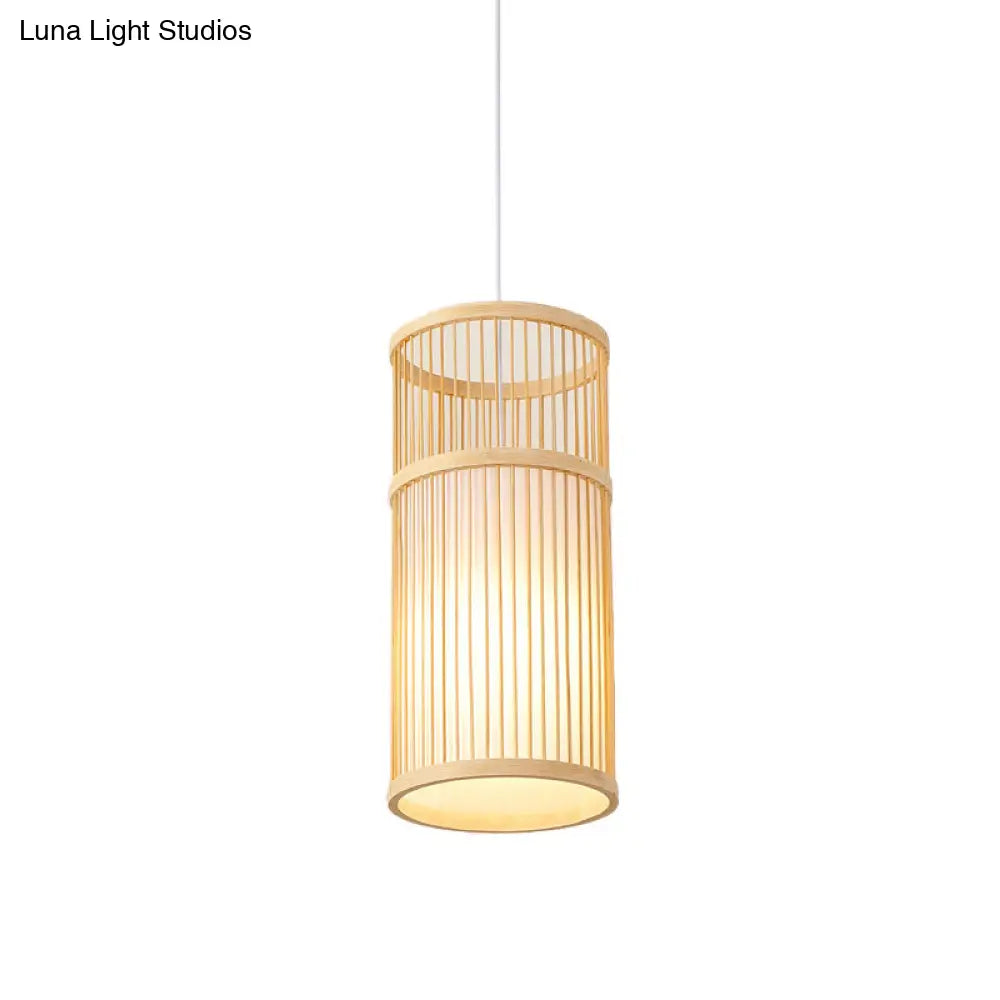 Asian Style Bamboo Pendant With Diamond Drum And Barrel Drops - 1-Light Hanging Light Kit For