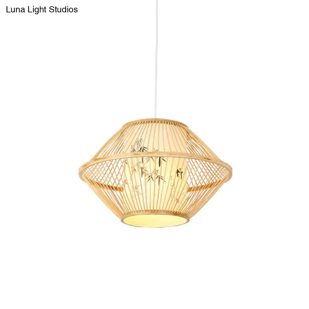 Asian Bamboo Pendant Hanging Light Kit - Diamond/Drum/Barrel Drop Design 1-Light Beige