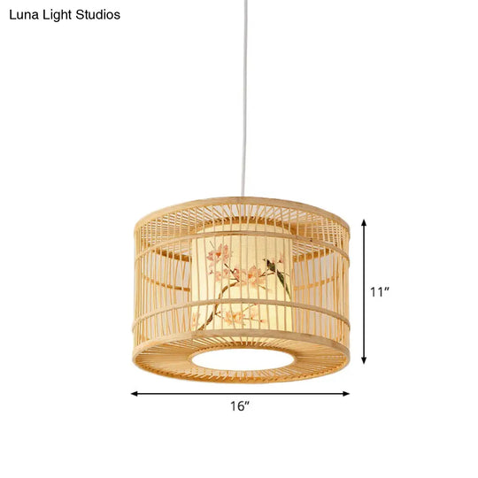 Asian Bamboo Pendant Hanging Light Kit - Diamond/Drum/Barrel Drop Design 1-Light Beige