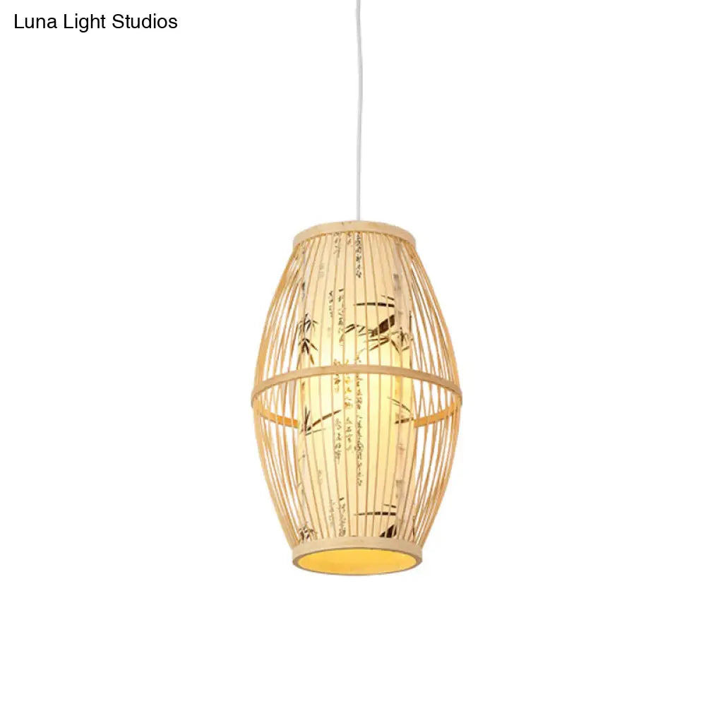 Asian Style Bamboo Pendant With Diamond Drum And Barrel Drops - 1-Light Hanging Light Kit For