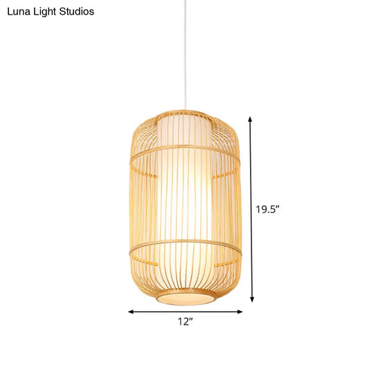 Asian Style Bamboo Pendant With Diamond Drum And Barrel Drops - 1-Light Hanging Light Kit For