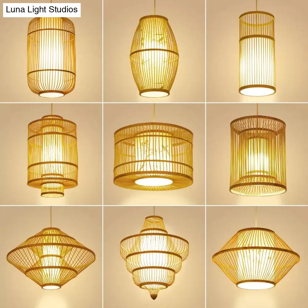 Asian Style Bamboo Pendant With Diamond Drum And Barrel Drops - 1-Light Hanging Light Kit For