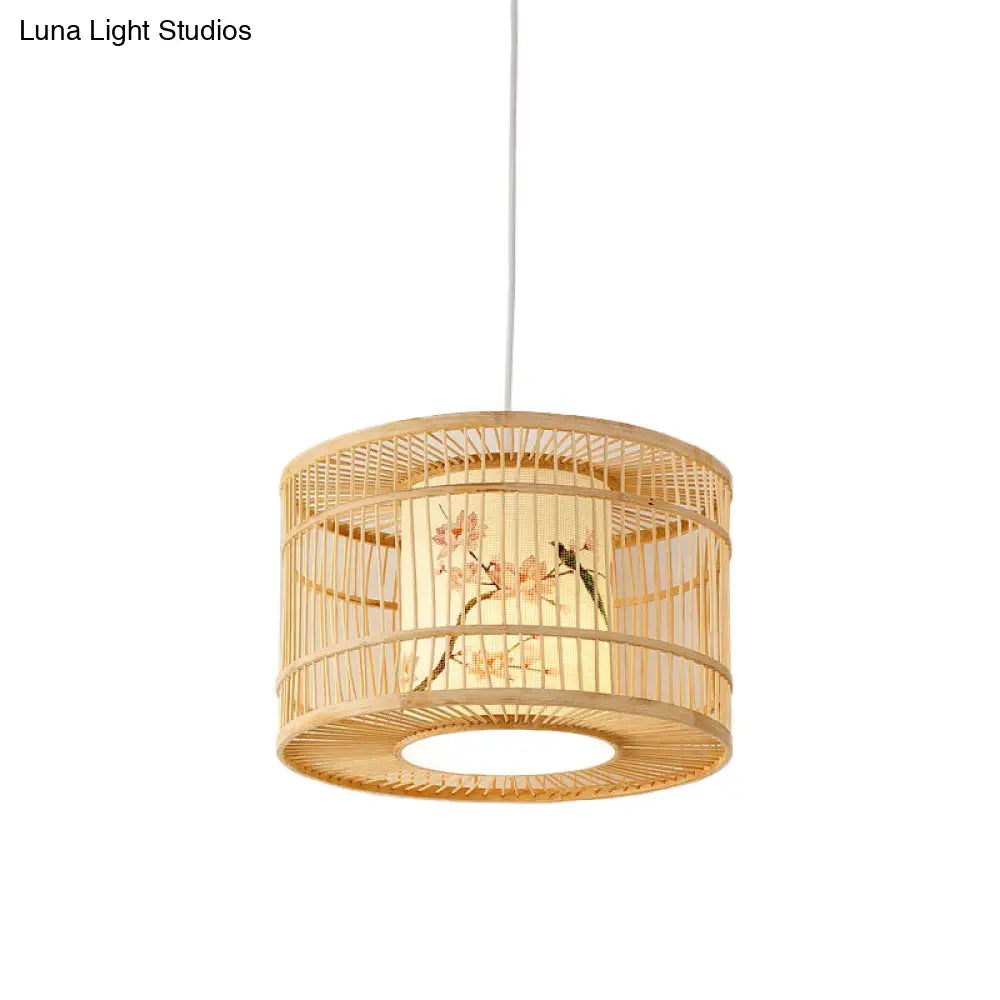 Asian Style Bamboo Pendant With Diamond Drum And Barrel Drops - 1-Light Hanging Light Kit For