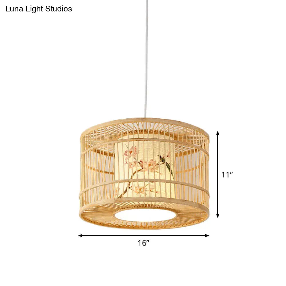 Asian Style Bamboo Pendant With Diamond Drum And Barrel Drops - 1-Light Hanging Light Kit For