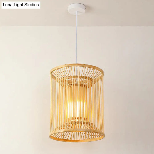 Asian Bamboo Pendant Hanging Light Kit - Diamond/Drum/Barrel Drop Design 1-Light Beige / E