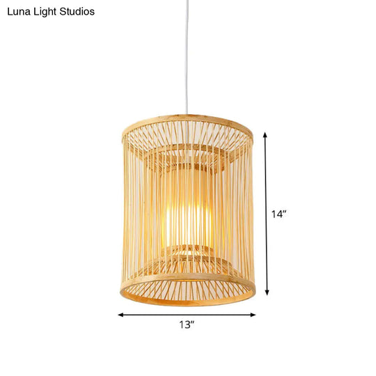 Asian Bamboo Pendant Hanging Light Kit - Diamond/Drum/Barrel Drop Design 1-Light Beige