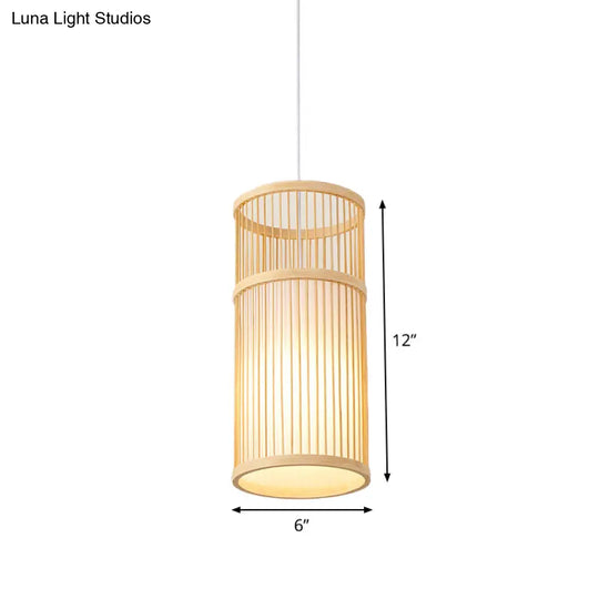 Asian Style Bamboo Pendant With Diamond Drum And Barrel Drops - 1-Light Hanging Light Kit For