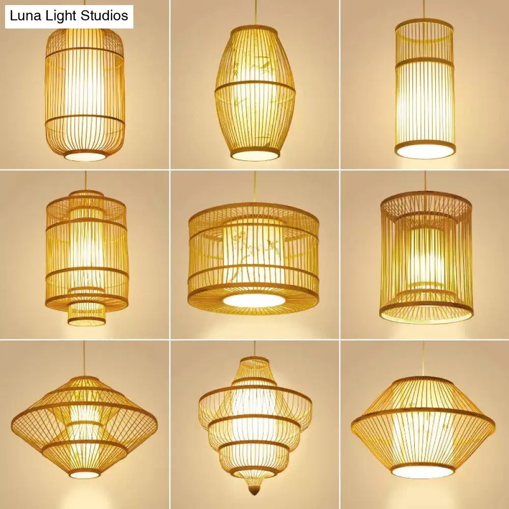 Asian Bamboo Pendant Hanging Light Kit - Diamond/Drum/Barrel Drop Design 1-Light Beige