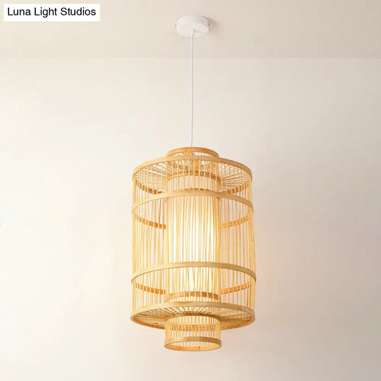 Asian Bamboo Pendant Hanging Light Kit - Diamond/Drum/Barrel Drop Design 1-Light Beige / G