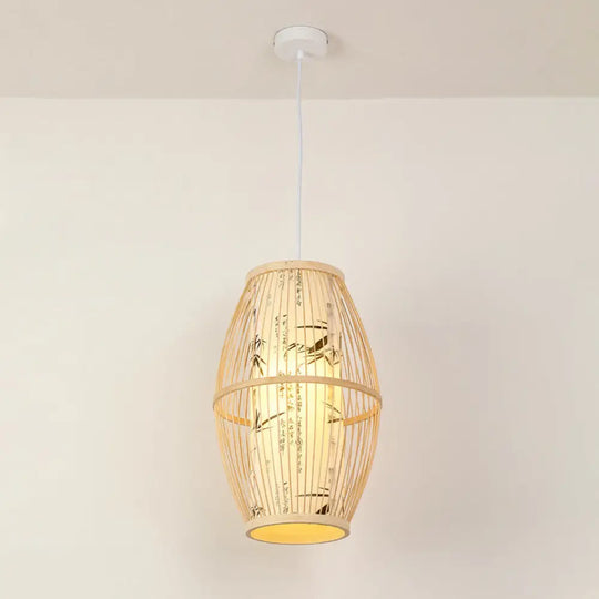 Asian Style Bamboo Pendant With Diamond Drum And Barrel Drops - 1-Light Hanging Light Kit For