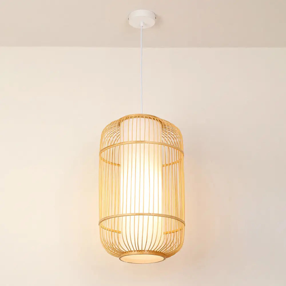 Asian Style Bamboo Pendant With Diamond Drum And Barrel Drops - 1-Light Hanging Light Kit For