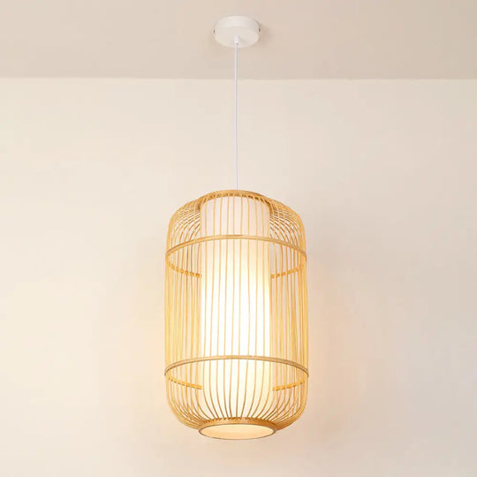 Asian Style Bamboo Pendant With Diamond Drum And Barrel Drops - 1-Light Hanging Light Kit For