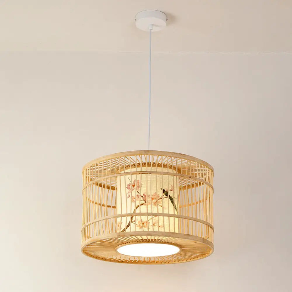 Asian Style Bamboo Pendant With Diamond Drum And Barrel Drops - 1-Light Hanging Light Kit For