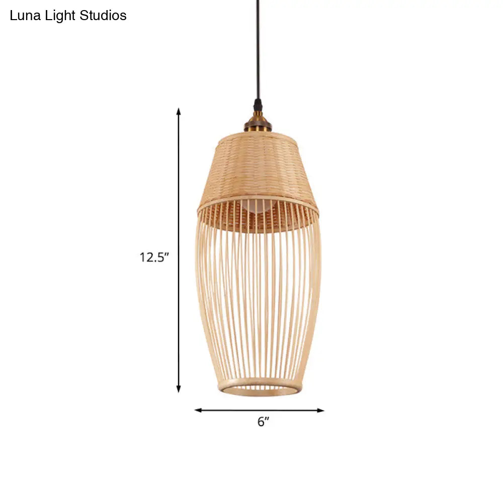 Asian Style Bamboo Rattan Oval Suspension Light - Beige 1-Light Hanging Ceiling Lamp