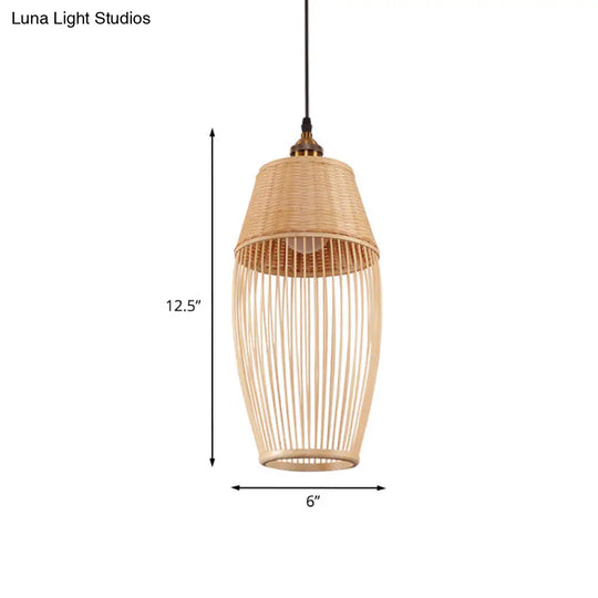 Asian Style Bamboo Rattan Oval Suspension Light - Beige 1-Light Hanging Ceiling Lamp